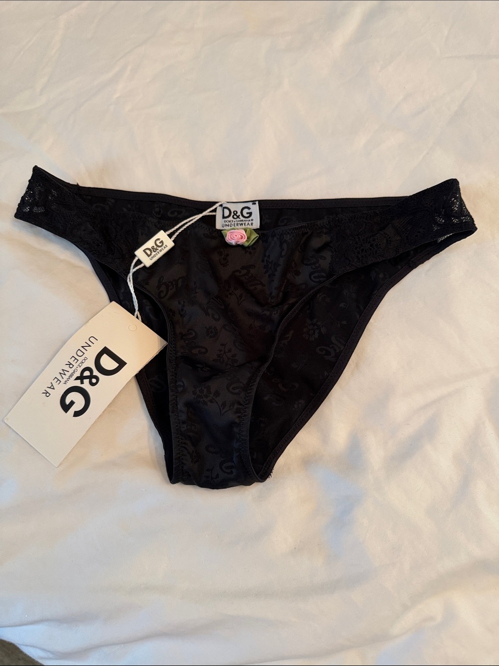 NWT Dolce & Gabbana Black Bikini Briefs with Logo Tag and Rose Accent S